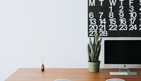 A desk with a snake plant, iMac and scented rods on it. There is a black and white calender on the wall